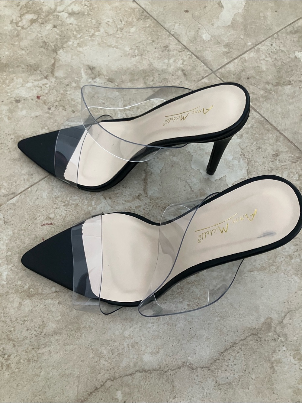 Anne Michelle Black Pointed Mule Heels with Clear Straps - Picture 2 of 6
